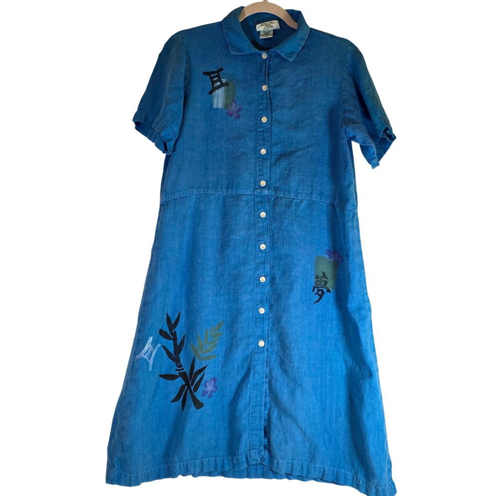 VTG 90s Juli Anne Blue Linen Hand Painted Midi Shirt Dress Womens S Art to Wear